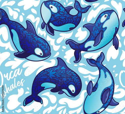 Seamless pattern with decorative orca whales. Vector illustration