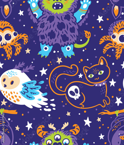 Happy halloween seamless background with cartoon animals. Vector illustration