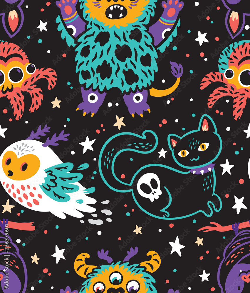 Happy halloween seamless background with cartoon animals. Vector illustration Happy halloween seamless background with cartoon animals. Vector illustration
