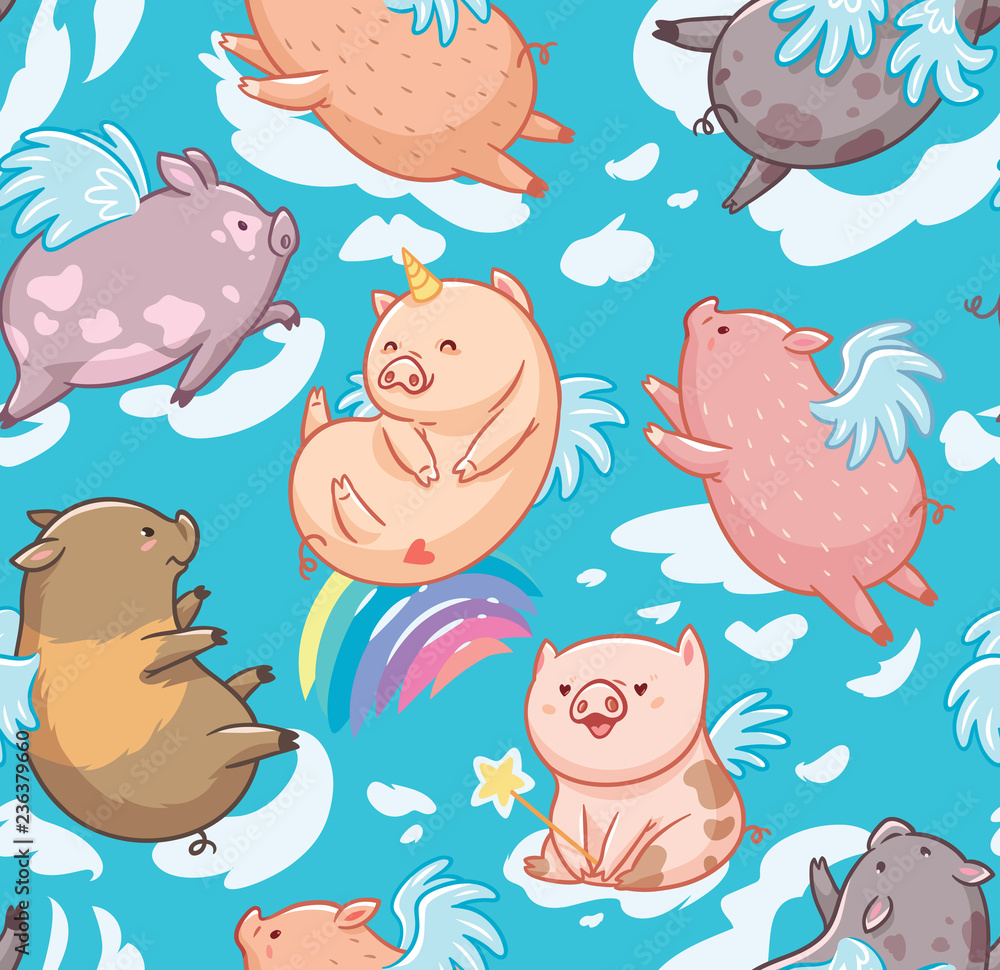Fototapeta premium Seamless pattern with mini piggy in the clouds. Vector Illustration.