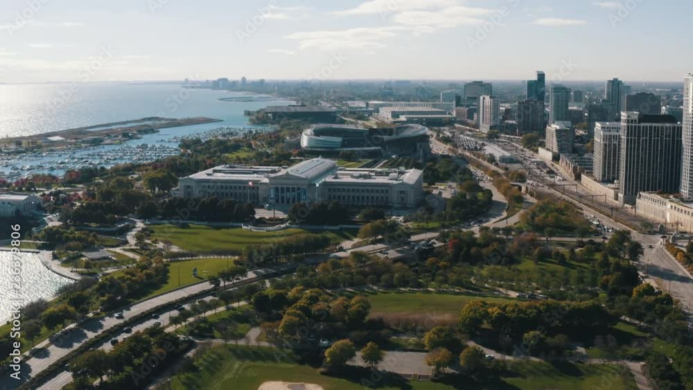 Drone aerial of grant park and Chicago museums at lake front Drone aerial of grant park and Chicago museums at lake front