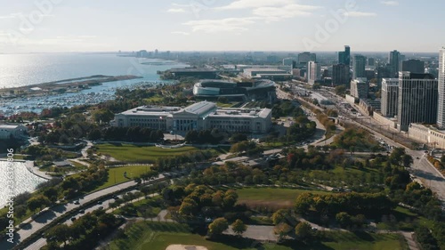 Drone aerial of grant park and Chicago museums at lake front photo