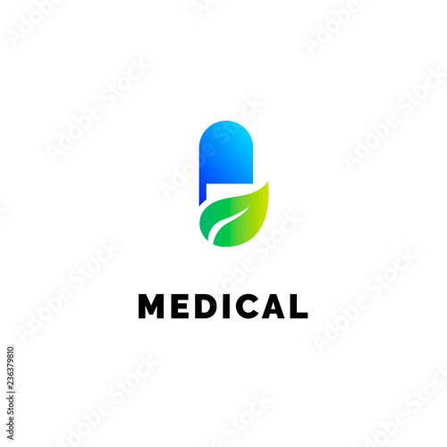 Flat line medicine icon  blue and green  emblem logo, web online concept. Sign of pill and leaf, pharmaceutical icon