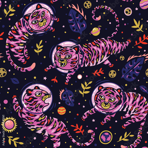 Vector seamless pattern with tigers astronauts in pink colors