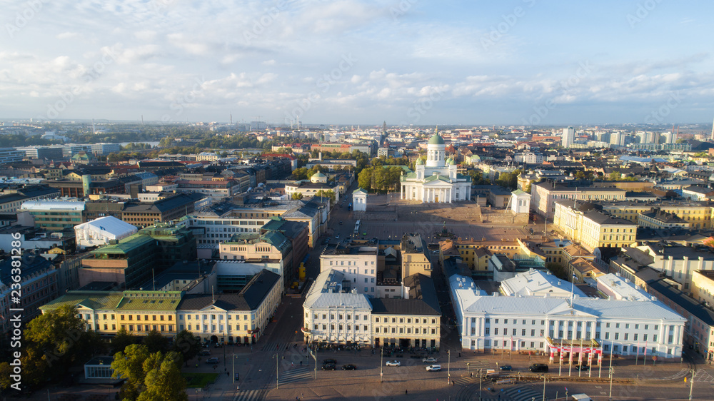 Aerial panorama of the Helsinki city at sunset. 