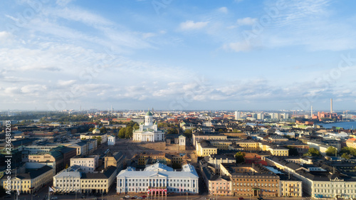 Aerial panorama of the Helsinki city at sunset. 