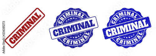 CRIMINAL grunge stamp seals in red and blue colors. Vector CRIMINAL imprints with grunge effect. Graphic elements are rounded rectangles, rosettes, circles and text labels.