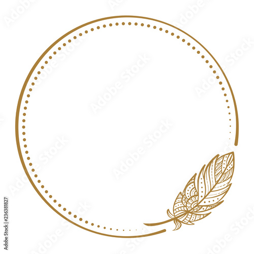 Vector round dotted frame frame with boho style feather decoration