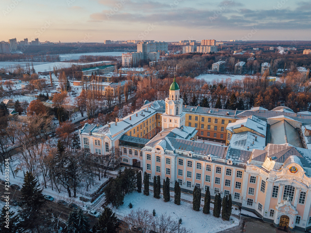 Aerial view of Voronezh in winter evening from height of drone flight