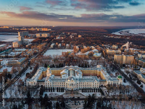 Aerial view of Voronezh in winter evening from height of drone flight