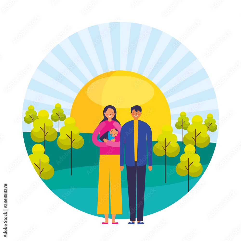 couple with baby girl sunny day trees landscape couple with baby girl sunny day trees landscape