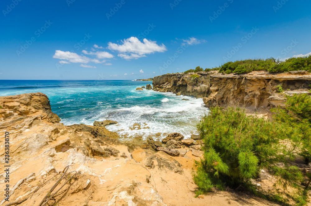 The rocky coast of Kauai, Hawaii, USA along the Mahaulepu Heritage Beach Trail