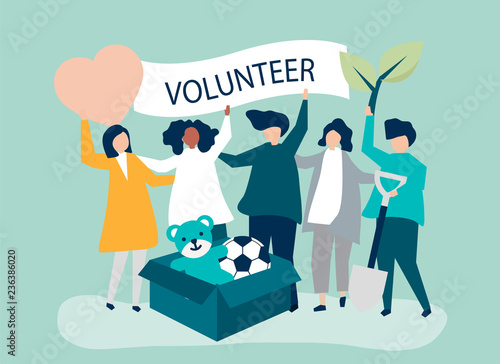 People volunteering and donating money and items  to a charitable cause
