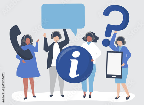 Call center operators carrying communication icons