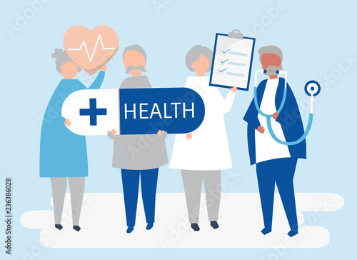 Character illustration of elderly people holding health icons