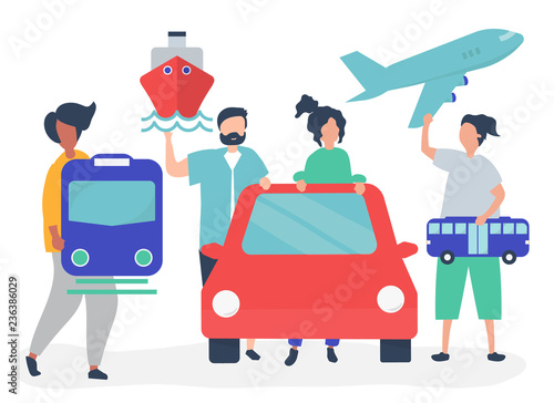 People holding different transportation icons photo