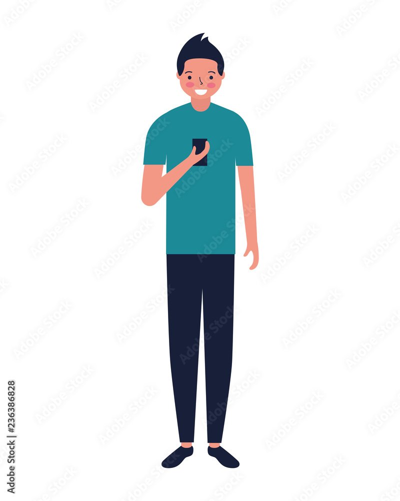 man using cellphone device white background