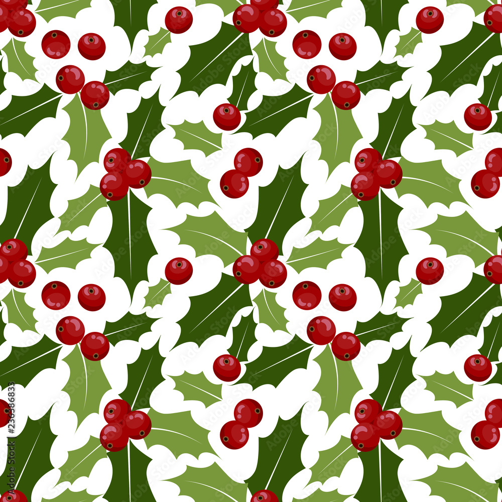 Christmas holly leaves and berries ornate seamless pattern.