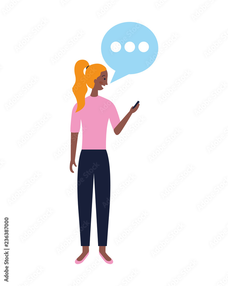 woman using mobile speech bubble
