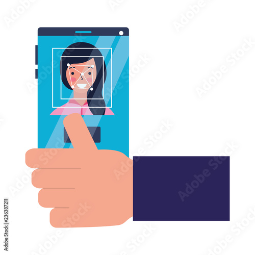 hand with mobile woman face scanning