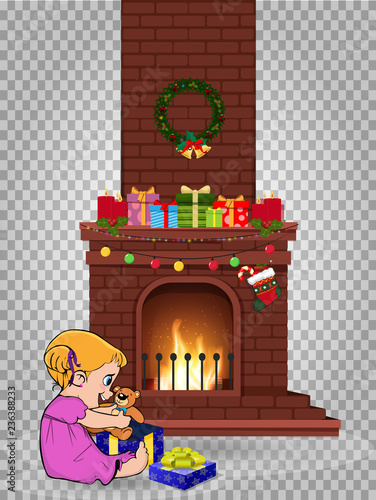 baby girl open gift near decorated christmas fire place clip art