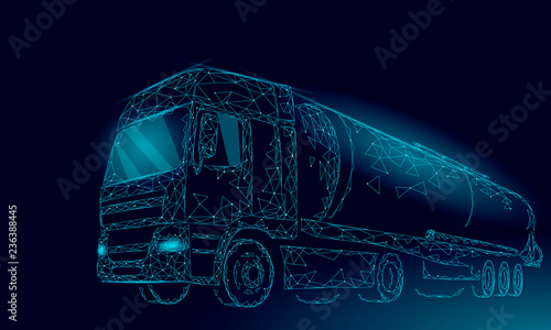Oil truck highway cistern 3D render low poly. Fuel petroleum finance industry diesel tank. Cylinder vehicle big cargo gasoline logistic economical business polygonal line vector illustration