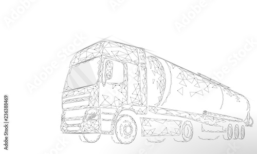 Oil truck highway cistern 3D render low poly. Fuel petroleum finance industry diesel tank. Cylinder vehicle big cargo gasoline logistic economical business polygonal line vector illustration