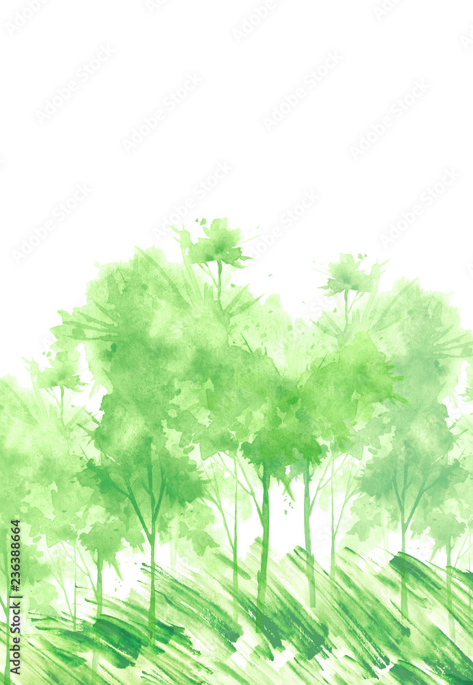 Fototapeta premium Watercolor summer landscape. Green, tree on a bright grass. On a white background. A summer tree. Watercolor picture, logo, postcard