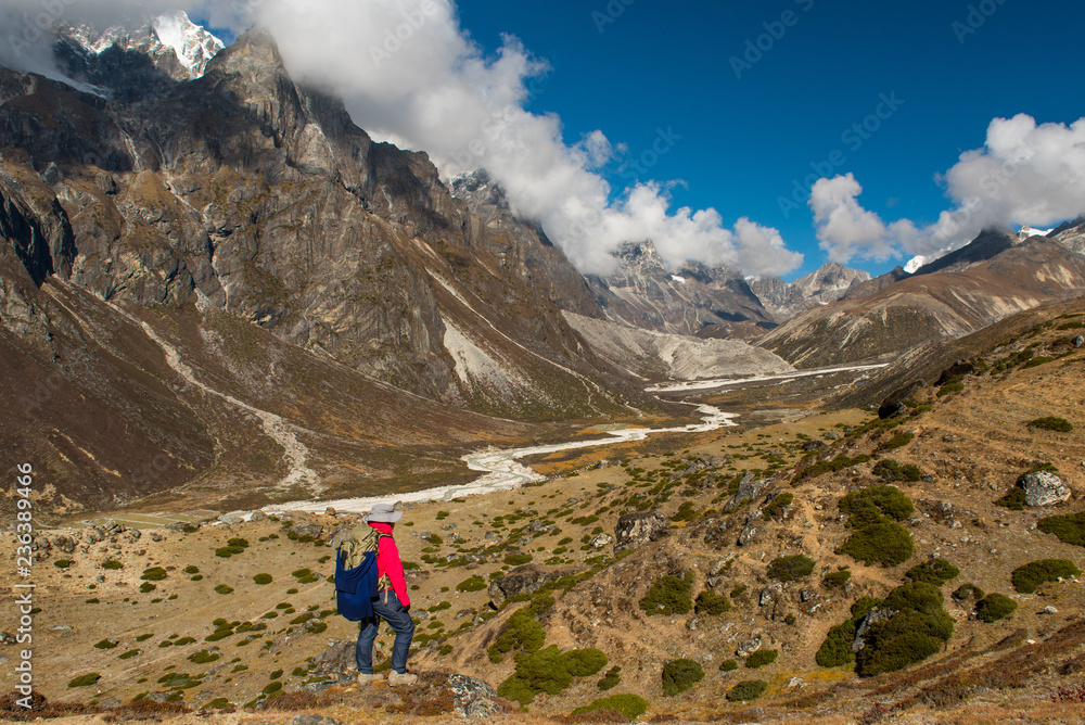 Trekker with landscape of mountain and river on the way from Dingboche to Lobuche in the everest base camp region,Nepal