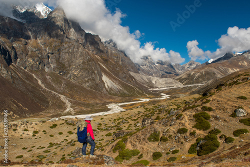 Trekker with landscape of mountain and river on the way from Dingboche to Lobuche in the everest base camp region,Nepal