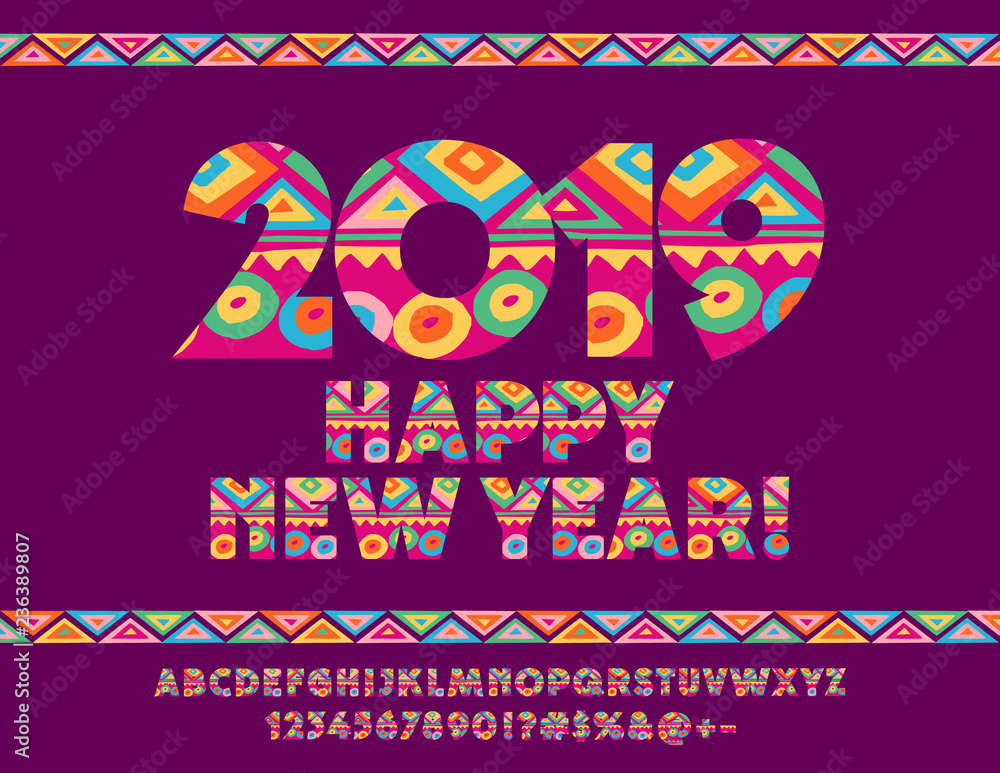 Vector colorful pattern Greeting Card Happy New Year 2019. Exclusive Alphabet Letters, Numbers and Symbols for Children. Bright original Font.