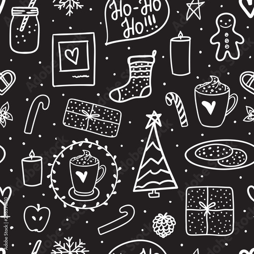 Doodle seamless pattern Merry Christmas night. Vector White hand drawing on black background. Holidays mood design texture.