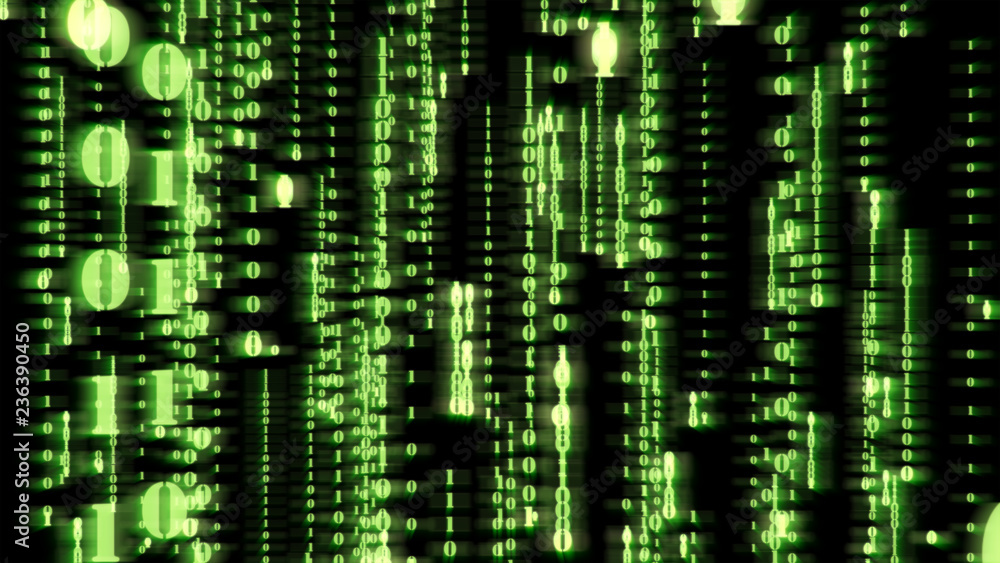 Motion Graphic of random green particle binary digit number falling down with matrix effect over animated background, analysis data and computer concept