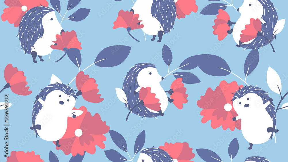 Animal seamless pattern, hand drawn cute hedgehogs with flowers and leaves, blue, white and red tones