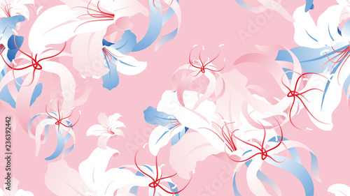 Floral seamless pattern, hand drawn lily flowers on pink background, pink, wh...
