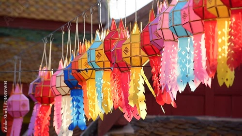 Lanna lantern hang on the rope to wish a desire or hope for good thing to happen, in northern thai style lanterns at Loi Krathong (Yi Peng) Festival, Chiang Mai, Thailand