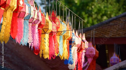 Lanna lantern hang on the rope to wish a desire or hope for good thing to happen, in northern thai style lanterns at Loi Krathong (Yi Peng) Festival, Chiang Mai, Thailand