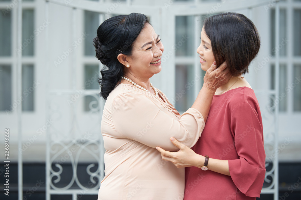 Smiling Asian aged woman looking at face of her adult daughter with love