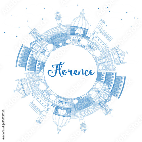 Outline Florence Italy City Skyline with Blue Buildings and Copy Space.