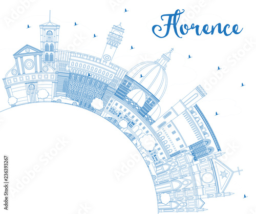 Outline Florence Italy City Skyline with Blue Buildings and Copy Space.