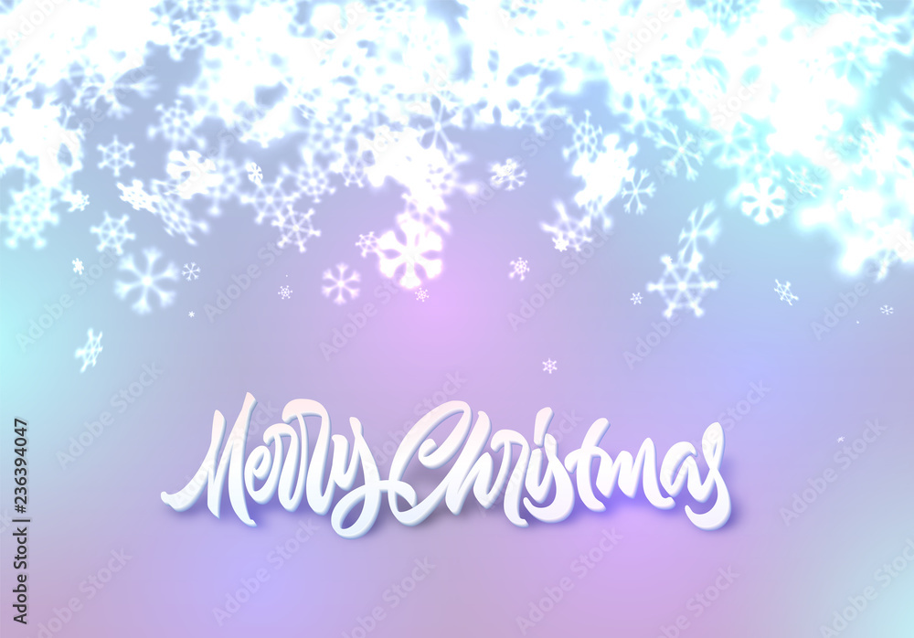 Christmas snowflakes background with falling snow and lettering or calligraphic greeting text