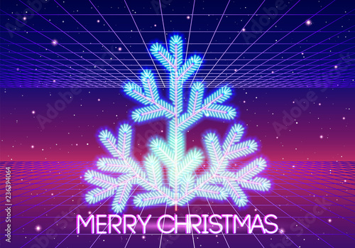 Christmas card with 80s styled neon Christmas tree