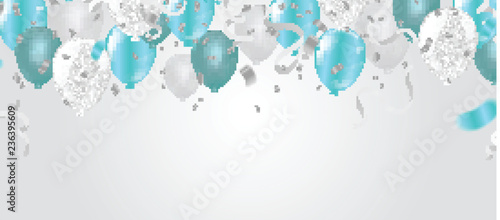 Christmas party poster template and Happy New Year Party . Glossy Balls, sparkling typography and ribbons.