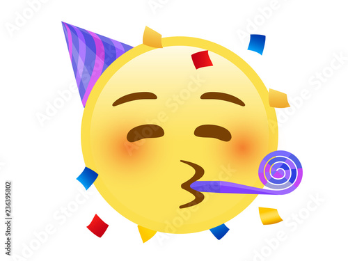 Yellow kissing mouth icon with red cheek face, party hat, confetti