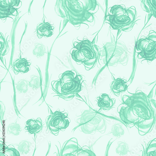Watercolor Vintage seamless pattern with drawing green roses flowers. Beautiful flowers, rose, peony, poppy. Floral background. Watercolor floral bouquet. Birthday card.