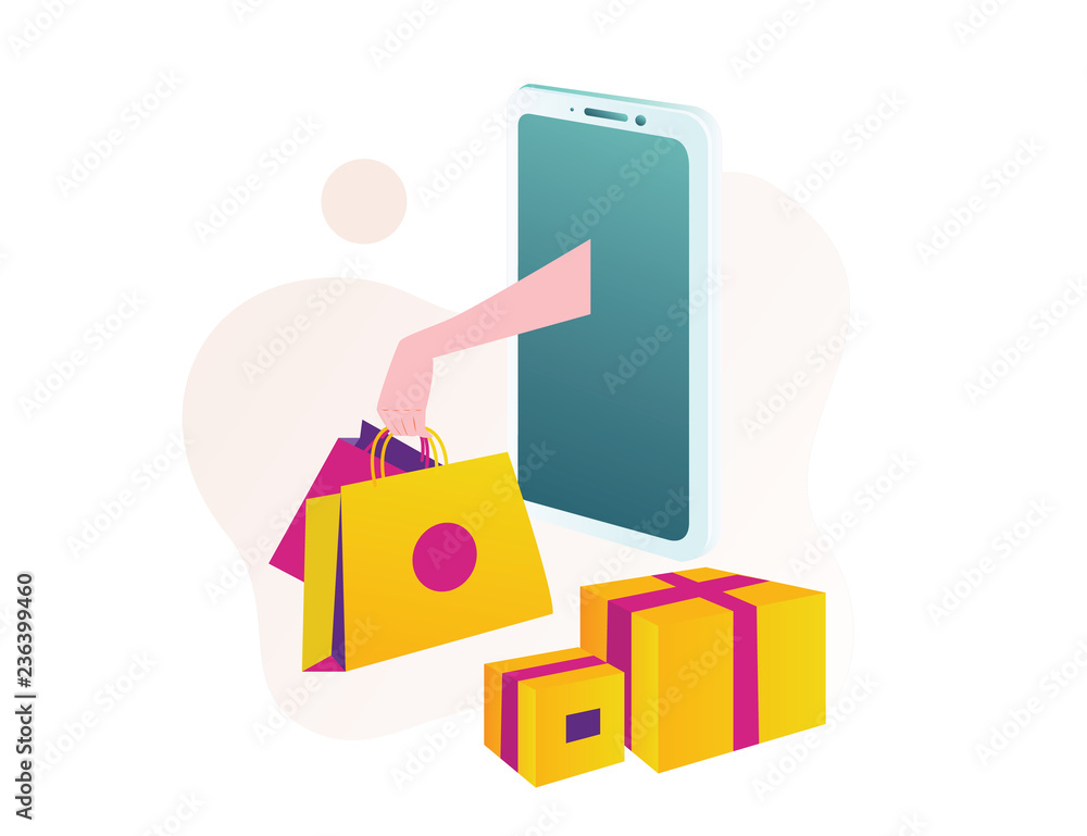 Hand out of the smart phone isometric online shopping