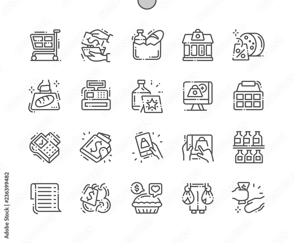 Supermarket Well-crafted Pixel Perfect Vector Thin Line Icons 30 2x Grid for Web Graphics and Apps. Simple Minimal Pictogram Supermarket Well-crafted Pixel Perfect Vector Thin Line Icons 30 2x Grid for Web Graphics and Apps. Simple Minimal Pictogram