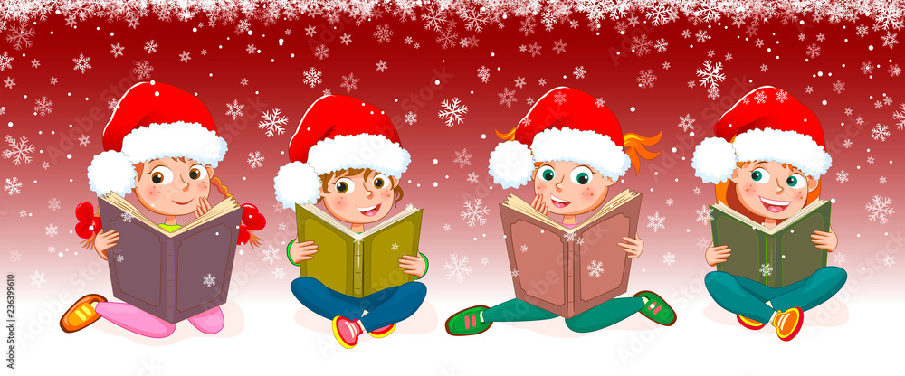 Kids with books for Christmas. Little girls read books
