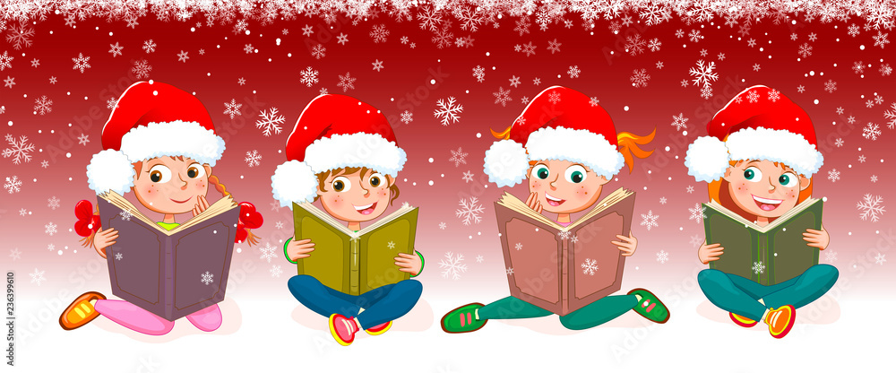 Kids with books for Christmas. Little girls read books Kids with books for Christmas. Little girls read books