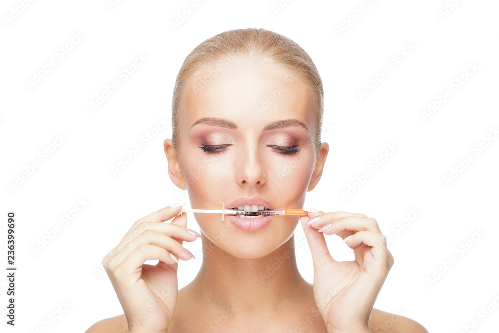 Doctor injecting in a beautiful face of a young woman. Plastic surgery concept. Doctor injecting in a beautiful face of a young woman. Plastic surgery concept.